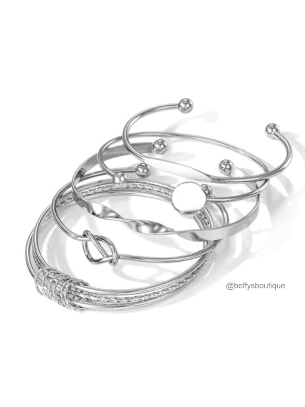 5pc Silver Bangle Bracelet Set for Women Adjustable Cuff Stack